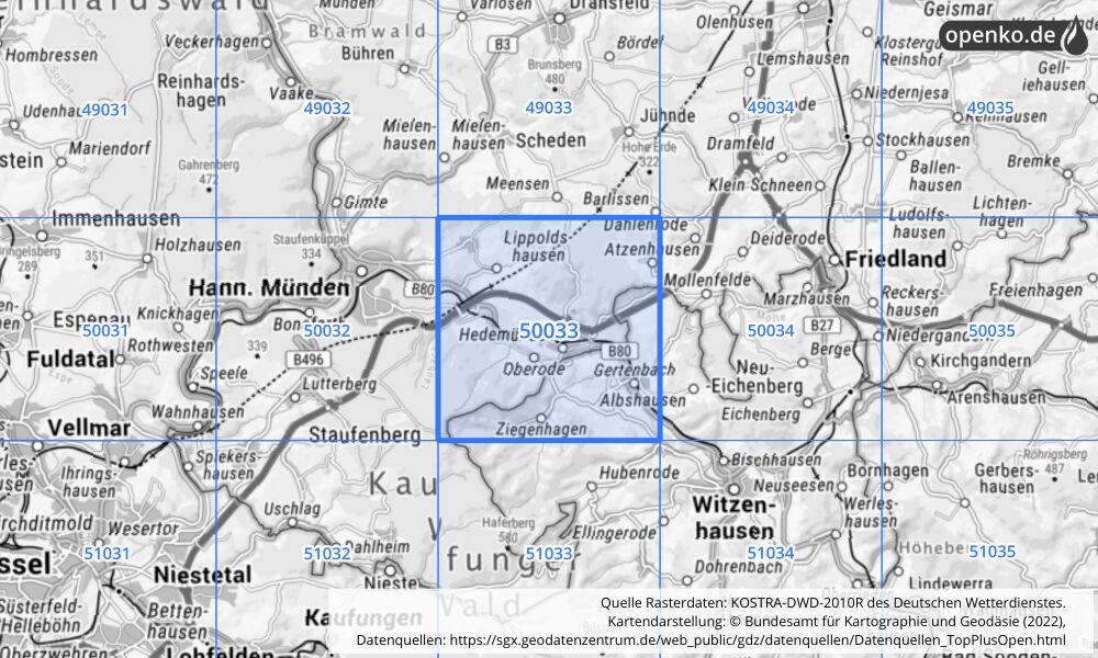 Übersichtskarte KOSTRA-DWD-2010R Rasterfeld Nr. 50033 mit angrenzenden Feldern