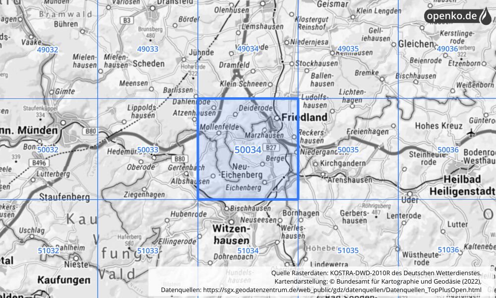 Übersichtskarte KOSTRA-DWD-2010R Rasterfeld Nr. 50034 mit angrenzenden Feldern