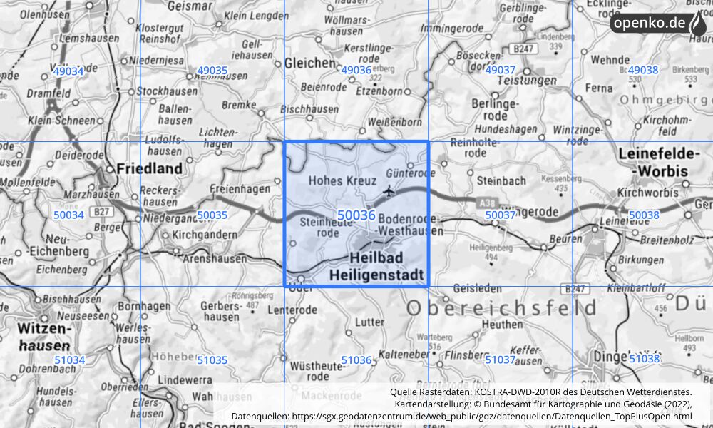 Übersichtskarte KOSTRA-DWD-2010R Rasterfeld Nr. 50036 mit angrenzenden Feldern