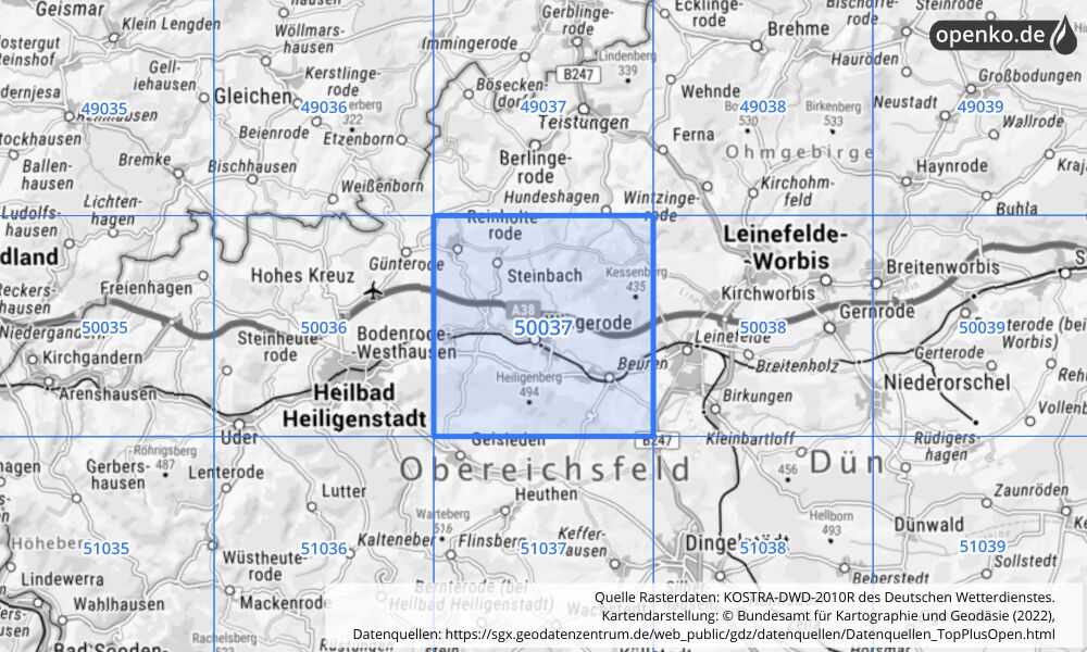 Übersichtskarte KOSTRA-DWD-2010R Rasterfeld Nr. 50037 mit angrenzenden Feldern