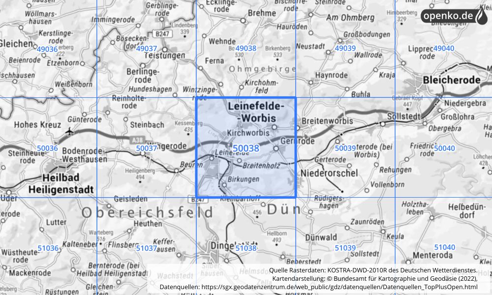 Übersichtskarte KOSTRA-DWD-2010R Rasterfeld Nr. 50038 mit angrenzenden Feldern