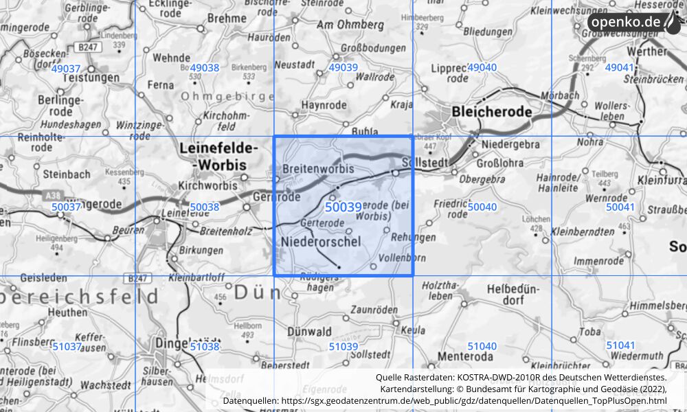 Übersichtskarte KOSTRA-DWD-2010R Rasterfeld Nr. 50039 mit angrenzenden Feldern