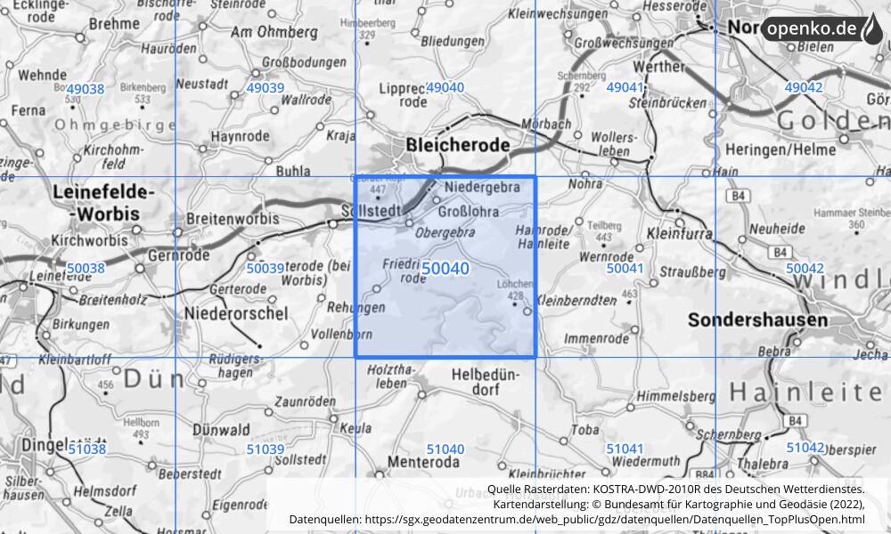 Übersichtskarte KOSTRA-DWD-2010R Rasterfeld Nr. 50040 mit angrenzenden Feldern