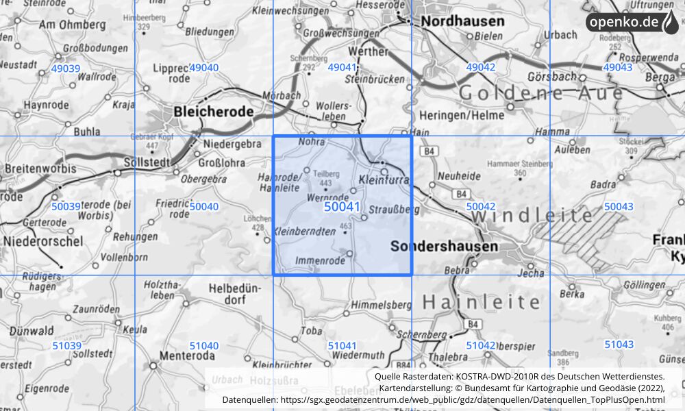 Übersichtskarte KOSTRA-DWD-2010R Rasterfeld Nr. 50041 mit angrenzenden Feldern