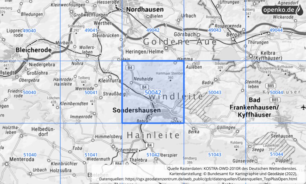 Übersichtskarte KOSTRA-DWD-2010R Rasterfeld Nr. 50042 mit angrenzenden Feldern