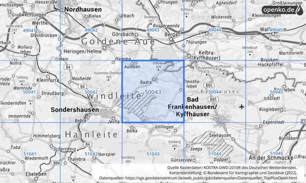 Übersichtskarte KOSTRA-DWD-2010R Rasterfeld Nr. 50043 mit angrenzenden Feldern