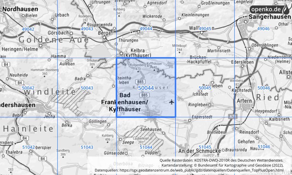 Übersichtskarte KOSTRA-DWD-2010R Rasterfeld Nr. 50044 mit angrenzenden Feldern