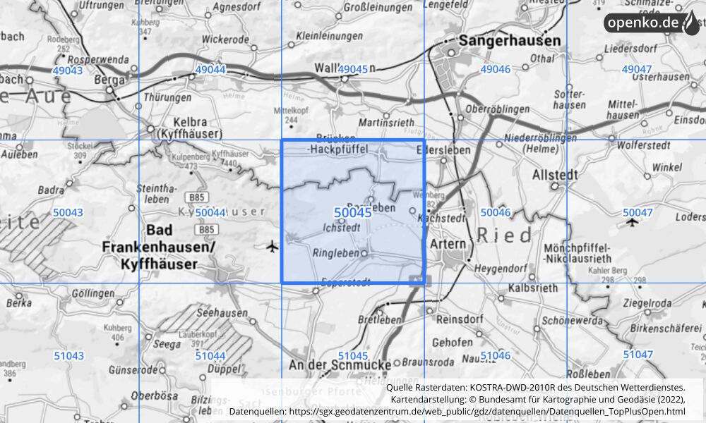 Übersichtskarte KOSTRA-DWD-2010R Rasterfeld Nr. 50045 mit angrenzenden Feldern