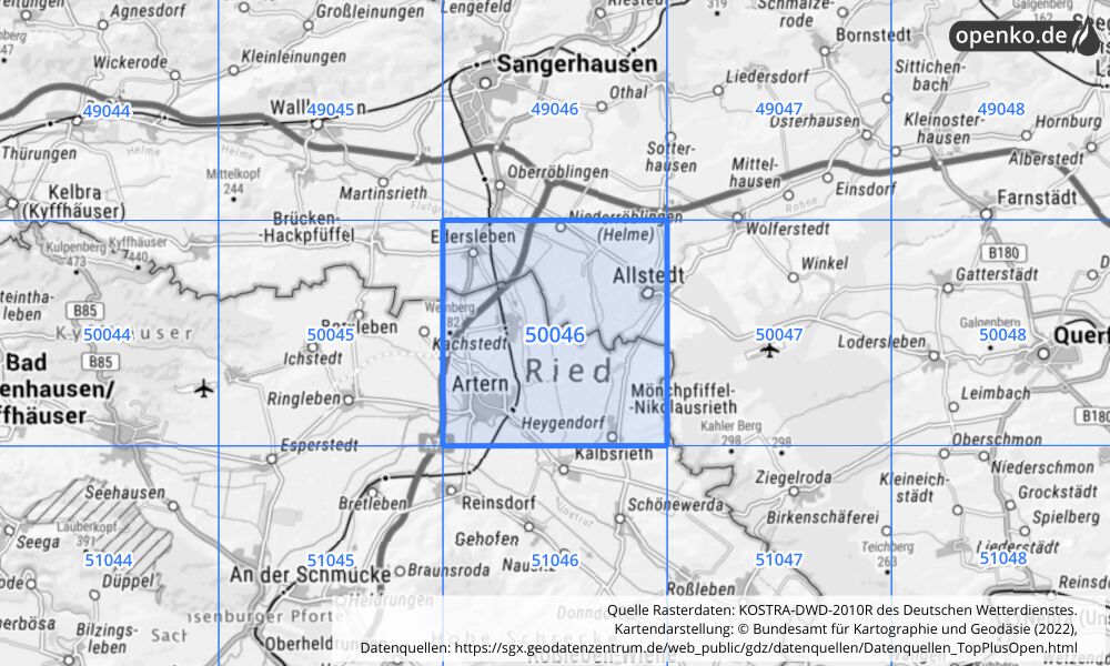 Übersichtskarte KOSTRA-DWD-2010R Rasterfeld Nr. 50046 mit angrenzenden Feldern