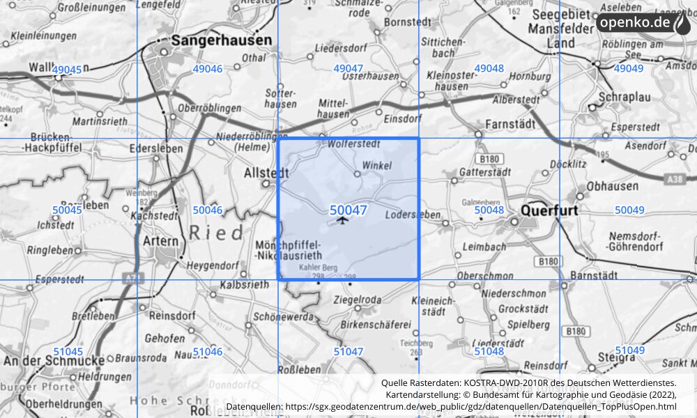 Übersichtskarte KOSTRA-DWD-2010R Rasterfeld Nr. 50047 mit angrenzenden Feldern