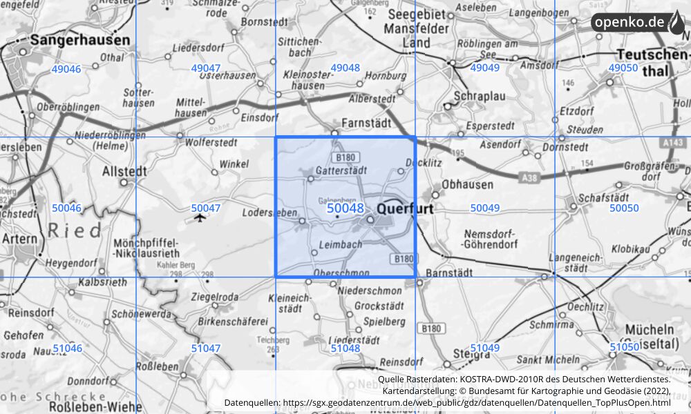 Übersichtskarte KOSTRA-DWD-2010R Rasterfeld Nr. 50048 mit angrenzenden Feldern