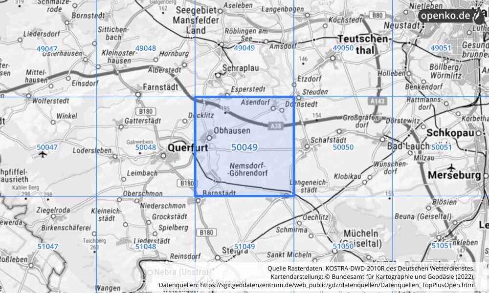 Übersichtskarte KOSTRA-DWD-2010R Rasterfeld Nr. 50049 mit angrenzenden Feldern