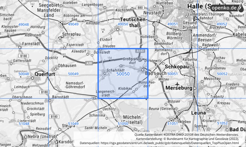 Übersichtskarte KOSTRA-DWD-2010R Rasterfeld Nr. 50050 mit angrenzenden Feldern