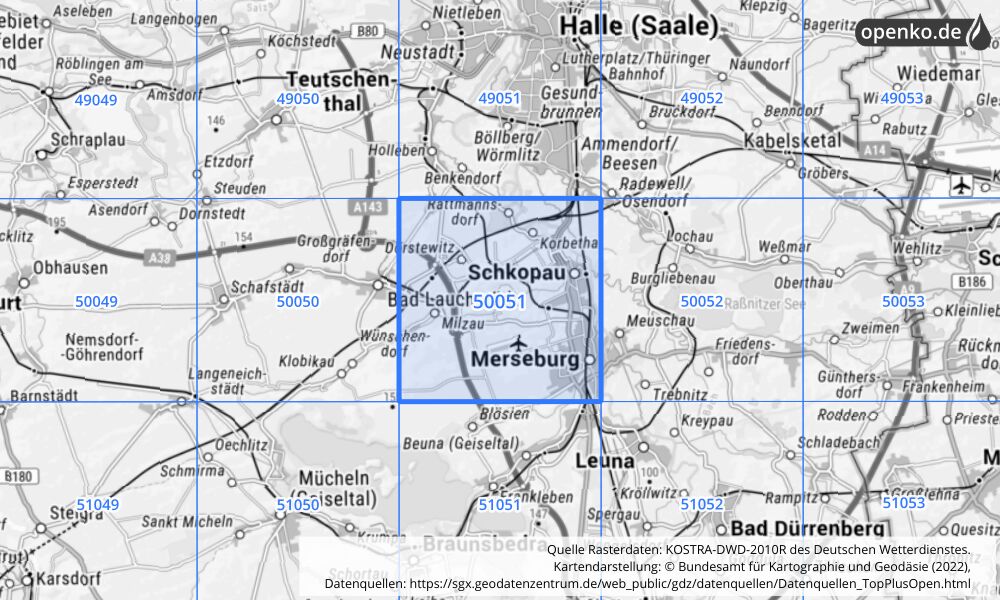 Übersichtskarte KOSTRA-DWD-2010R Rasterfeld Nr. 50051 mit angrenzenden Feldern