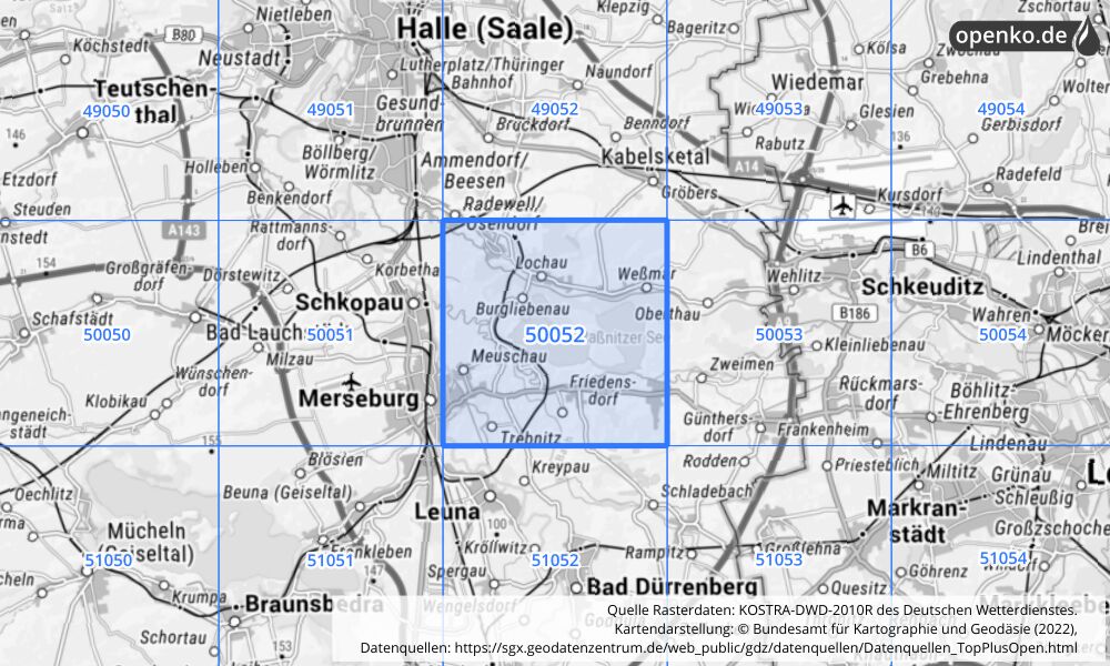 Übersichtskarte KOSTRA-DWD-2010R Rasterfeld Nr. 50052 mit angrenzenden Feldern