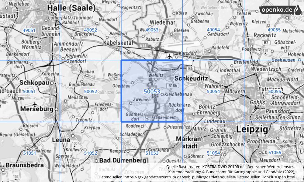 Übersichtskarte KOSTRA-DWD-2010R Rasterfeld Nr. 50053 mit angrenzenden Feldern