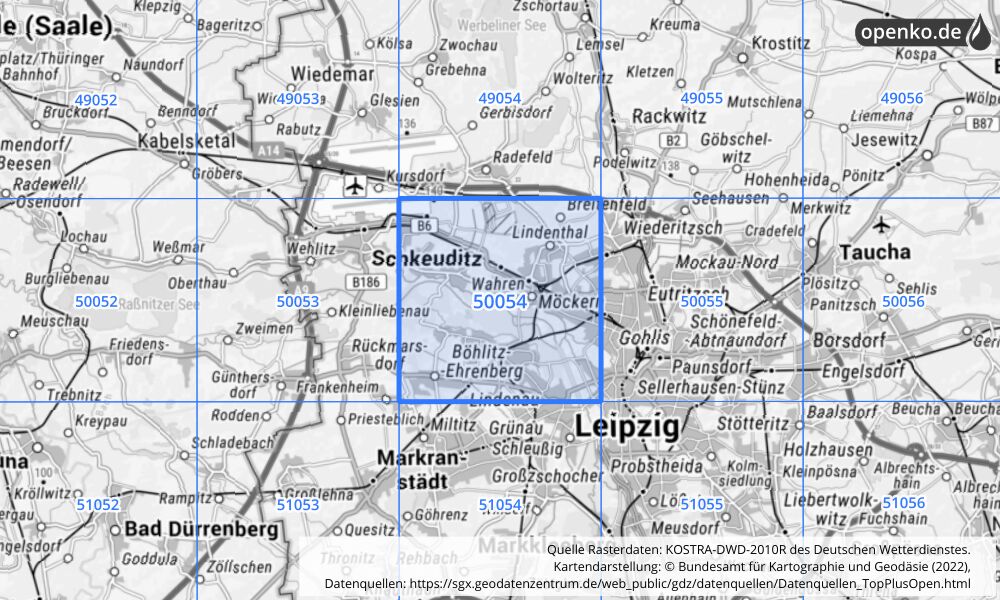 Übersichtskarte KOSTRA-DWD-2010R Rasterfeld Nr. 50054 mit angrenzenden Feldern