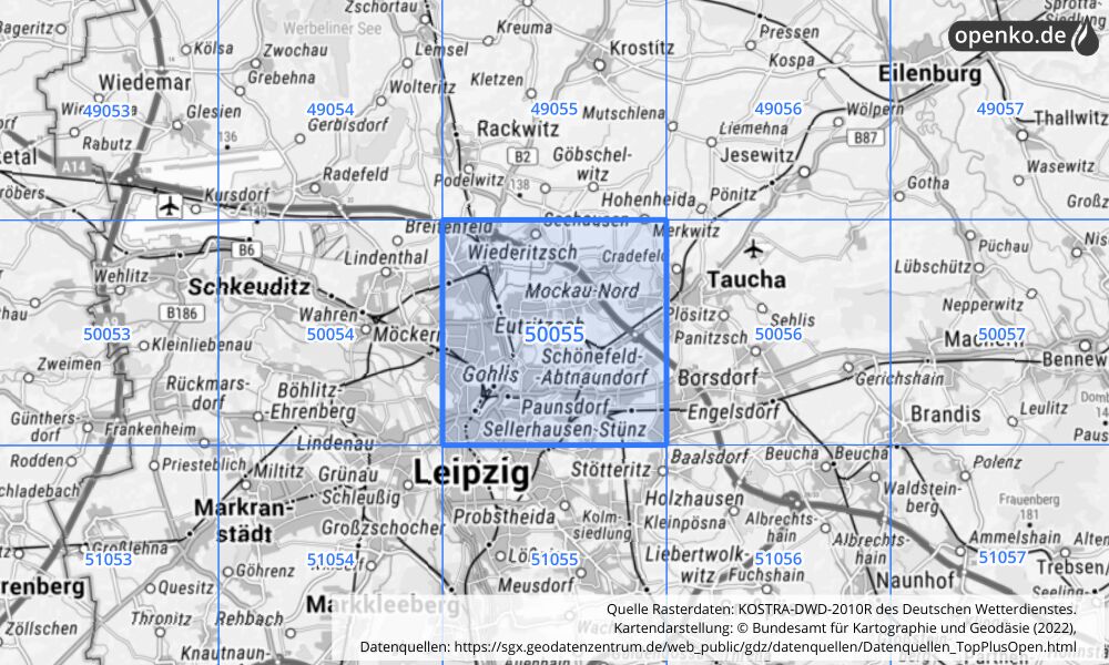 Übersichtskarte KOSTRA-DWD-2010R Rasterfeld Nr. 50055 mit angrenzenden Feldern