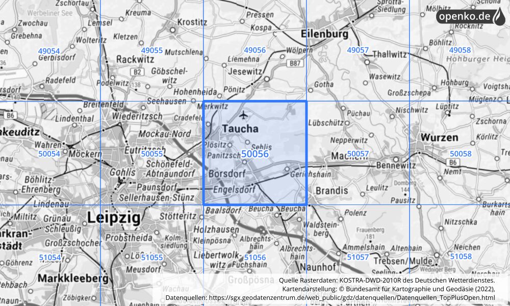 Übersichtskarte KOSTRA-DWD-2010R Rasterfeld Nr. 50056 mit angrenzenden Feldern