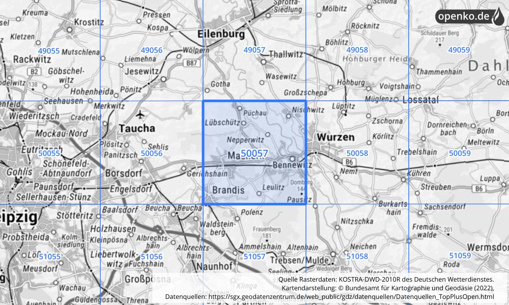 Übersichtskarte KOSTRA-DWD-2010R Rasterfeld Nr. 50057 mit angrenzenden Feldern