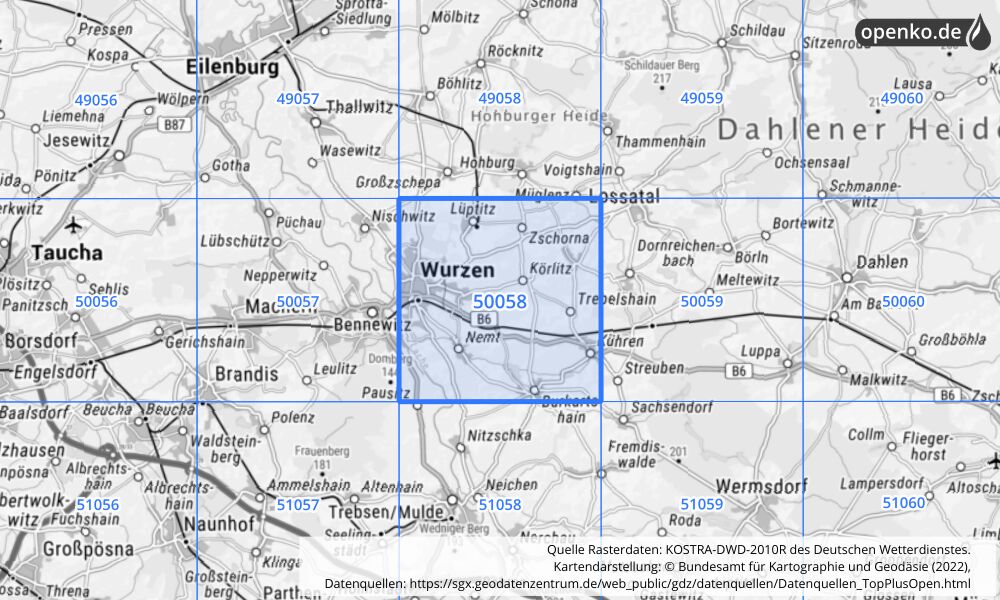 Übersichtskarte KOSTRA-DWD-2010R Rasterfeld Nr. 50058 mit angrenzenden Feldern