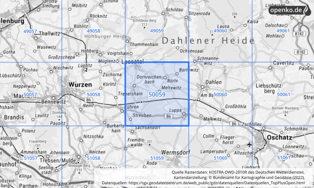 Übersichtskarte KOSTRA-DWD-2010R Rasterfeld Nr. 50059 mit angrenzenden Feldern