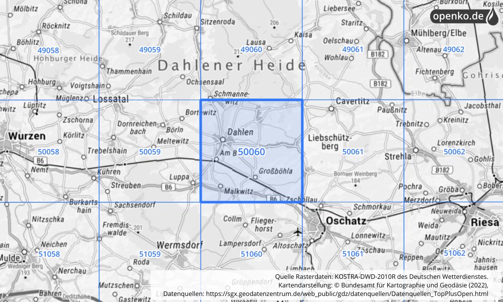 Übersichtskarte KOSTRA-DWD-2010R Rasterfeld Nr. 50060 mit angrenzenden Feldern