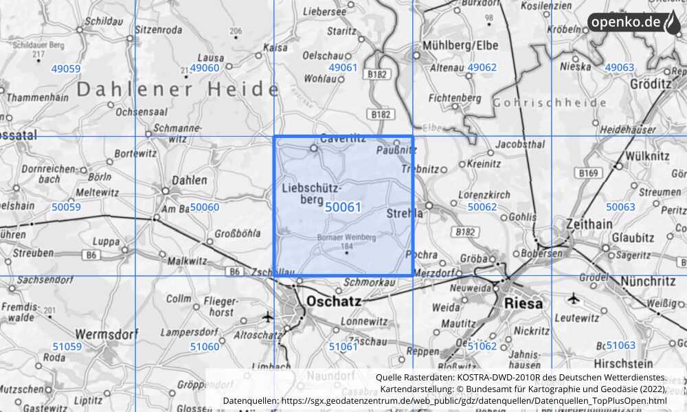 Übersichtskarte KOSTRA-DWD-2010R Rasterfeld Nr. 50061 mit angrenzenden Feldern