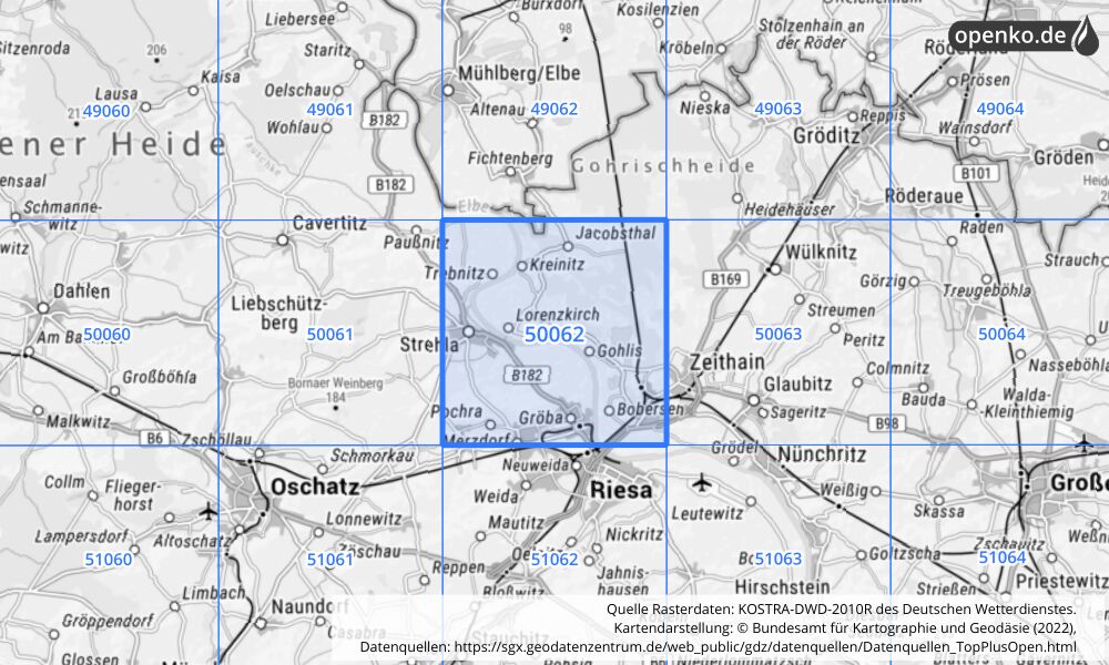 Übersichtskarte KOSTRA-DWD-2010R Rasterfeld Nr. 50062 mit angrenzenden Feldern