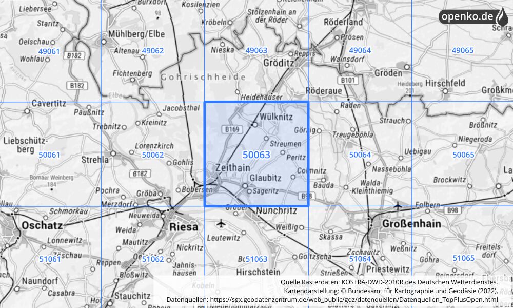 Übersichtskarte KOSTRA-DWD-2010R Rasterfeld Nr. 50063 mit angrenzenden Feldern