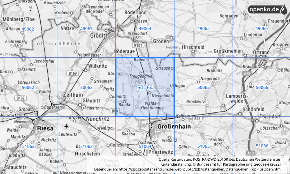 Übersichtskarte KOSTRA-DWD-2010R Rasterfeld Nr. 50064 mit angrenzenden Feldern