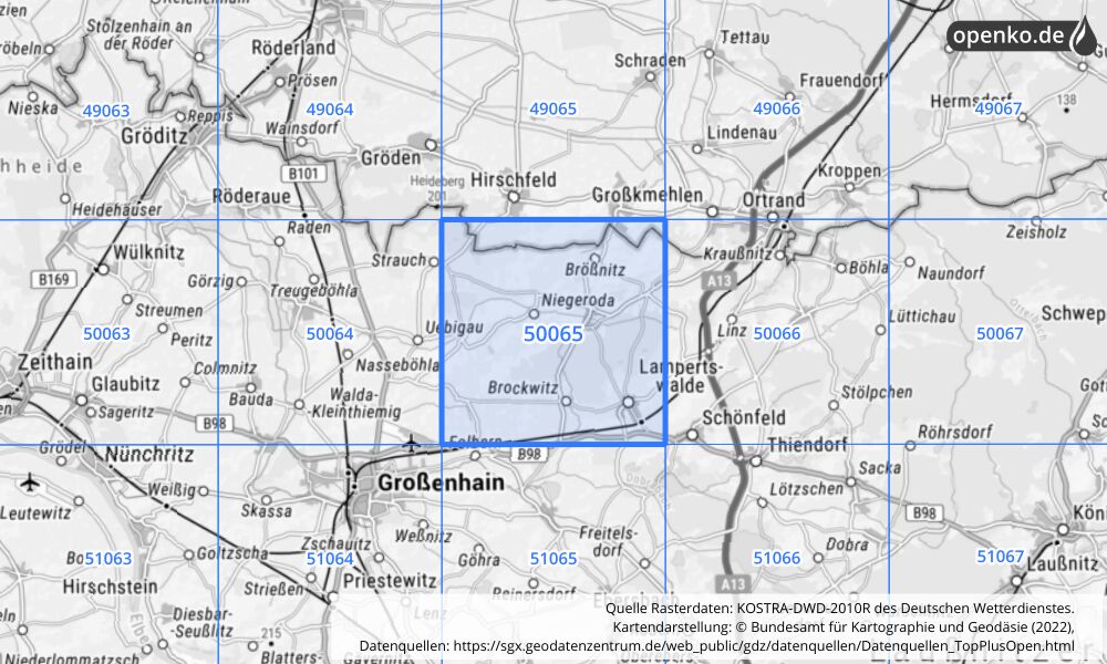 Übersichtskarte KOSTRA-DWD-2010R Rasterfeld Nr. 50065 mit angrenzenden Feldern