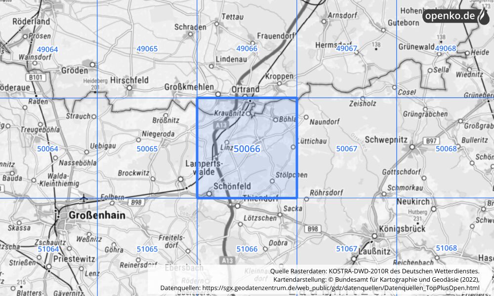 Übersichtskarte KOSTRA-DWD-2010R Rasterfeld Nr. 50066 mit angrenzenden Feldern