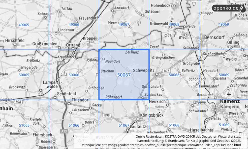 Übersichtskarte KOSTRA-DWD-2010R Rasterfeld Nr. 50067 mit angrenzenden Feldern