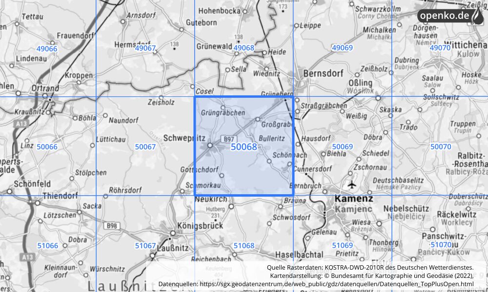 Übersichtskarte KOSTRA-DWD-2010R Rasterfeld Nr. 50068 mit angrenzenden Feldern