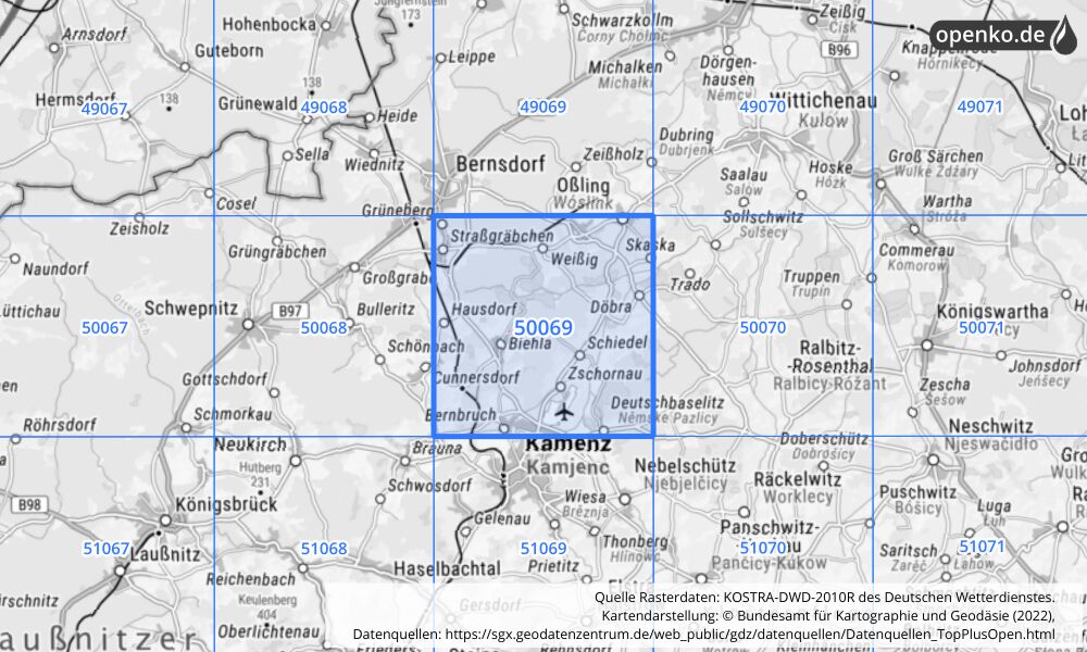 Übersichtskarte KOSTRA-DWD-2010R Rasterfeld Nr. 50069 mit angrenzenden Feldern