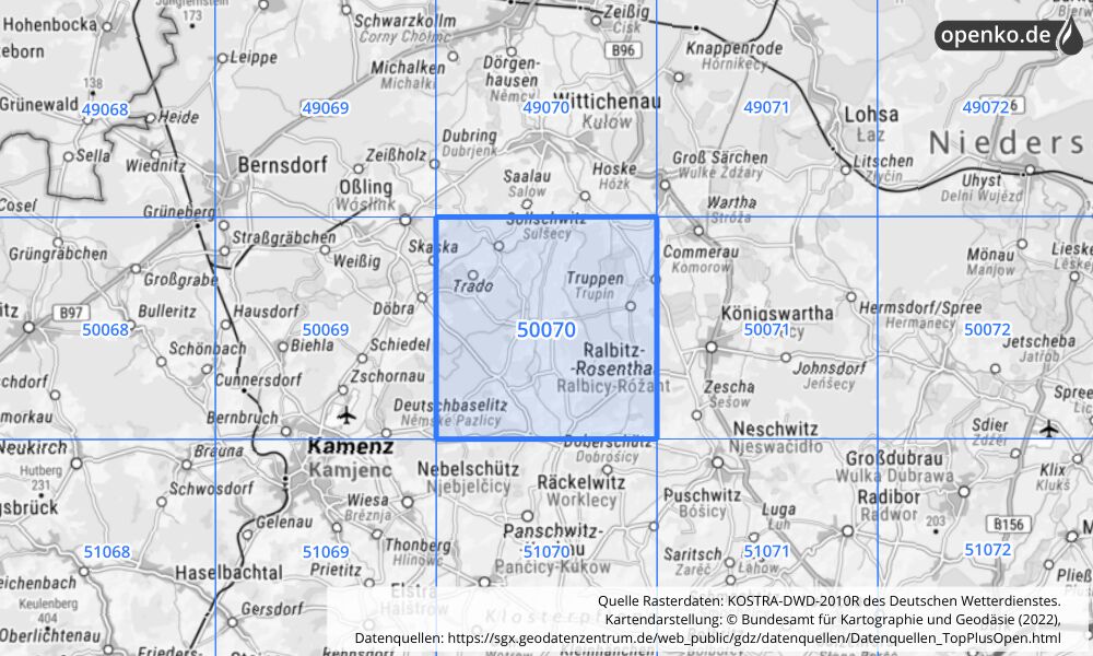 Übersichtskarte KOSTRA-DWD-2010R Rasterfeld Nr. 50070 mit angrenzenden Feldern