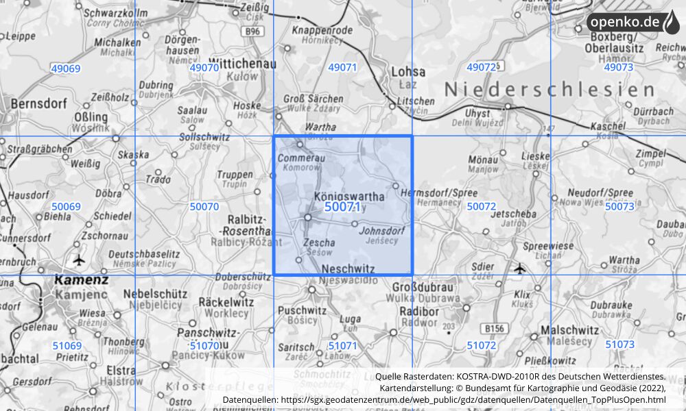 Übersichtskarte KOSTRA-DWD-2010R Rasterfeld Nr. 50071 mit angrenzenden Feldern