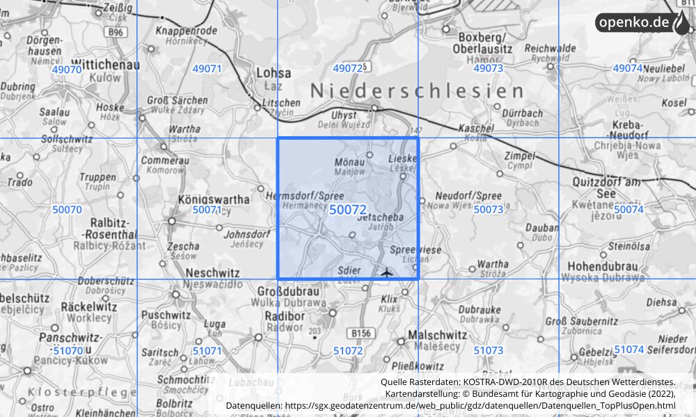 Übersichtskarte KOSTRA-DWD-2010R Rasterfeld Nr. 50072 mit angrenzenden Feldern