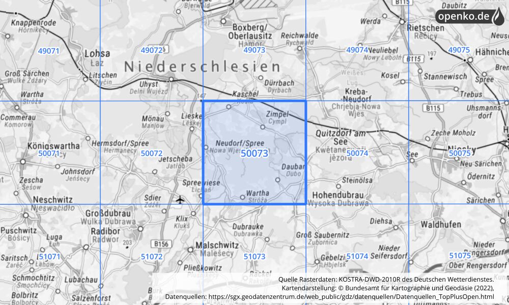 Übersichtskarte KOSTRA-DWD-2010R Rasterfeld Nr. 50073 mit angrenzenden Feldern