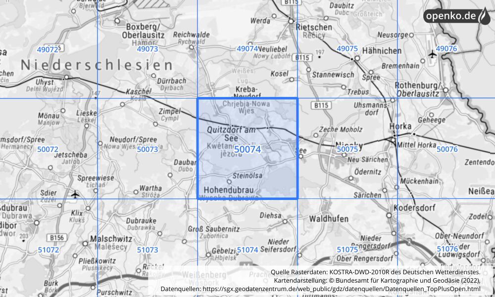 Übersichtskarte KOSTRA-DWD-2010R Rasterfeld Nr. 50074 mit angrenzenden Feldern