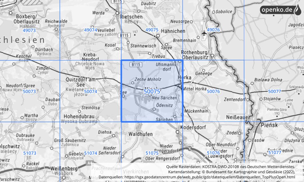 Übersichtskarte KOSTRA-DWD-2010R Rasterfeld Nr. 50075 mit angrenzenden Feldern