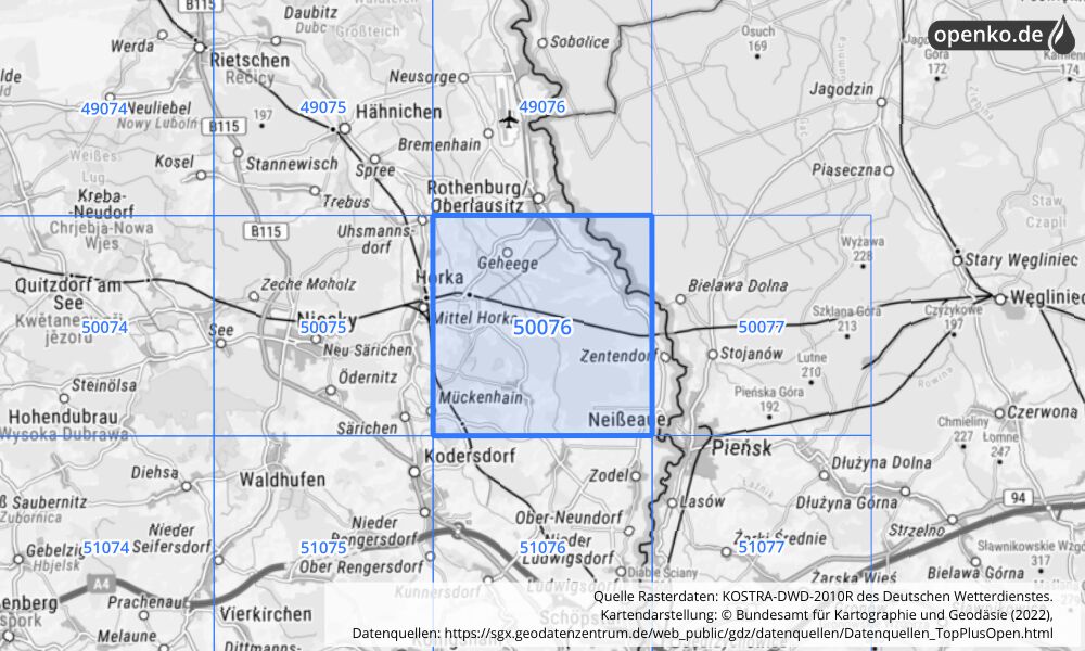 Übersichtskarte KOSTRA-DWD-2010R Rasterfeld Nr. 50076 mit angrenzenden Feldern