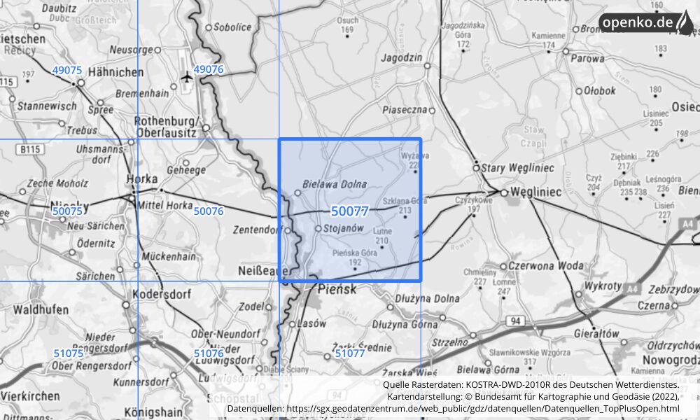Übersichtskarte KOSTRA-DWD-2010R Rasterfeld Nr. 50077 mit angrenzenden Feldern