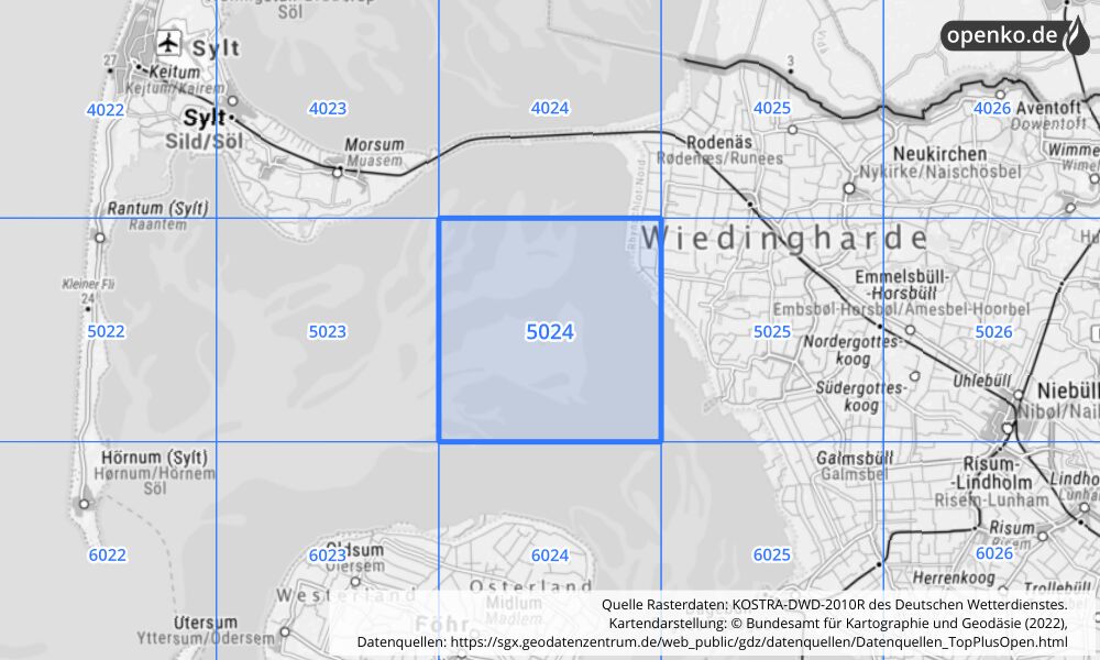 Übersichtskarte KOSTRA-DWD-2010R Rasterfeld Nr. 5024 mit angrenzenden Feldern