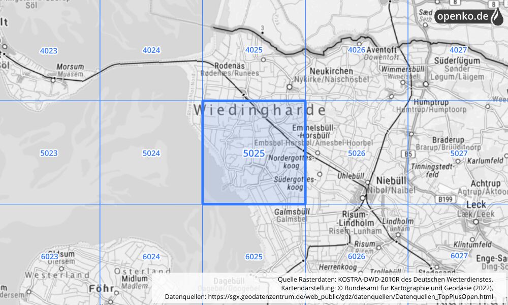 Übersichtskarte KOSTRA-DWD-2010R Rasterfeld Nr. 5025 mit angrenzenden Feldern