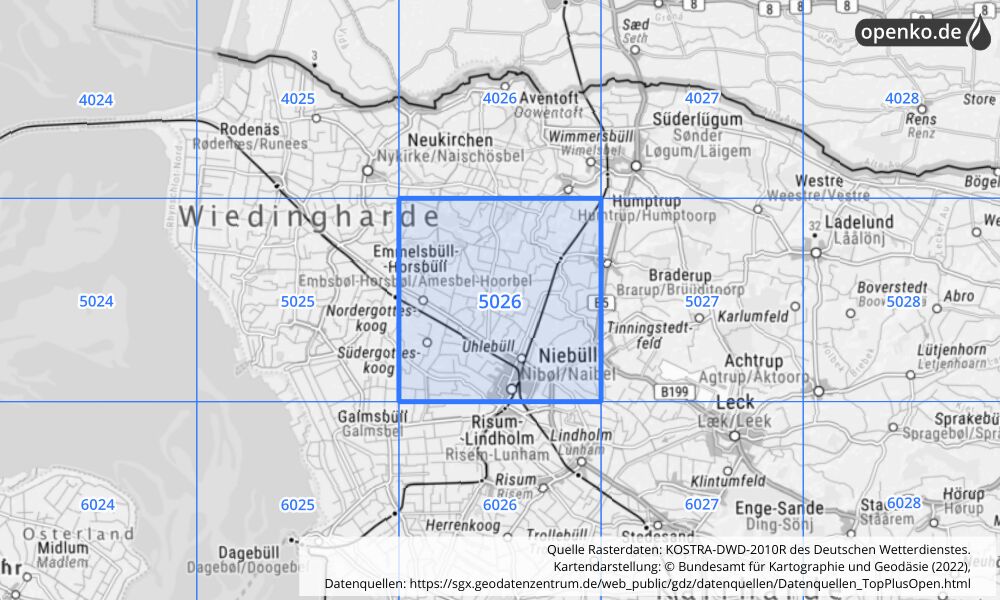 Übersichtskarte KOSTRA-DWD-2010R Rasterfeld Nr. 5026 mit angrenzenden Feldern