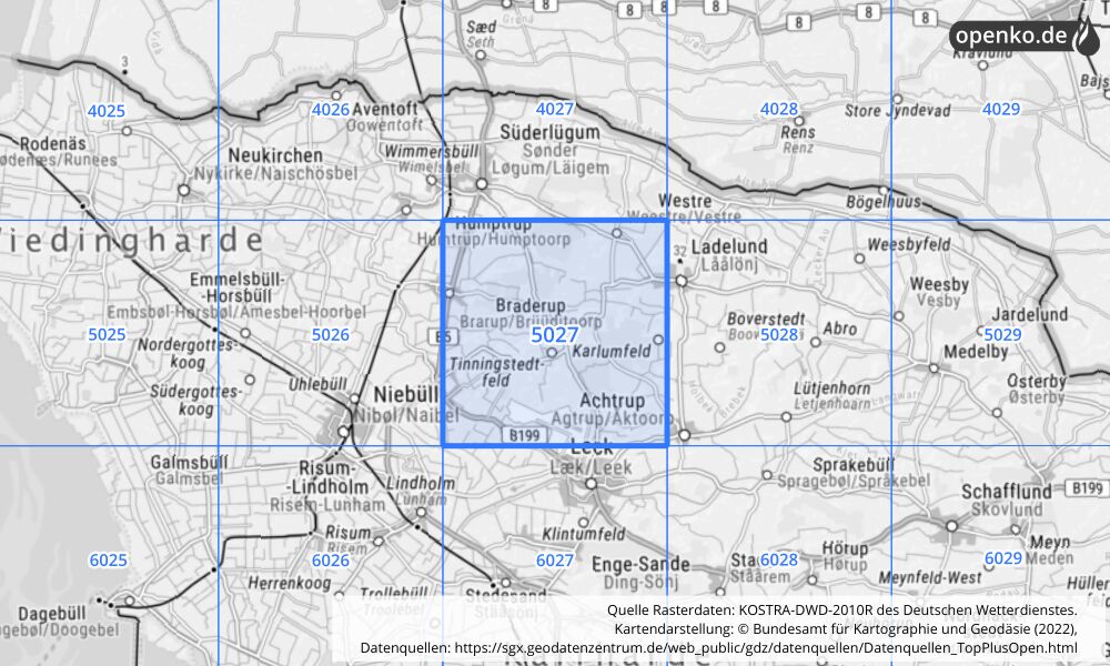 Übersichtskarte KOSTRA-DWD-2010R Rasterfeld Nr. 5027 mit angrenzenden Feldern