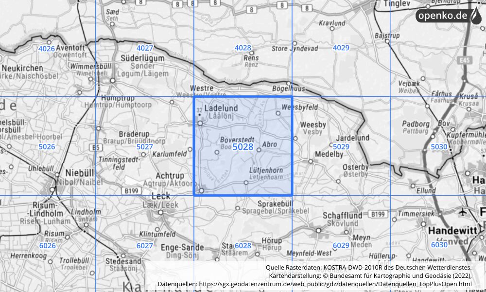 Übersichtskarte KOSTRA-DWD-2010R Rasterfeld Nr. 5028 mit angrenzenden Feldern