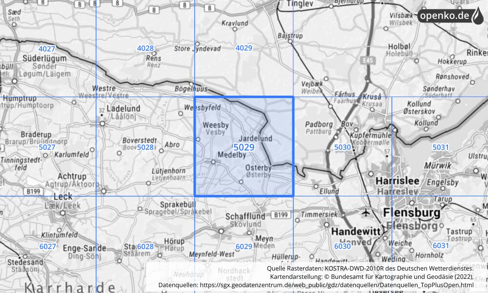 Übersichtskarte KOSTRA-DWD-2010R Rasterfeld Nr. 5029 mit angrenzenden Feldern
